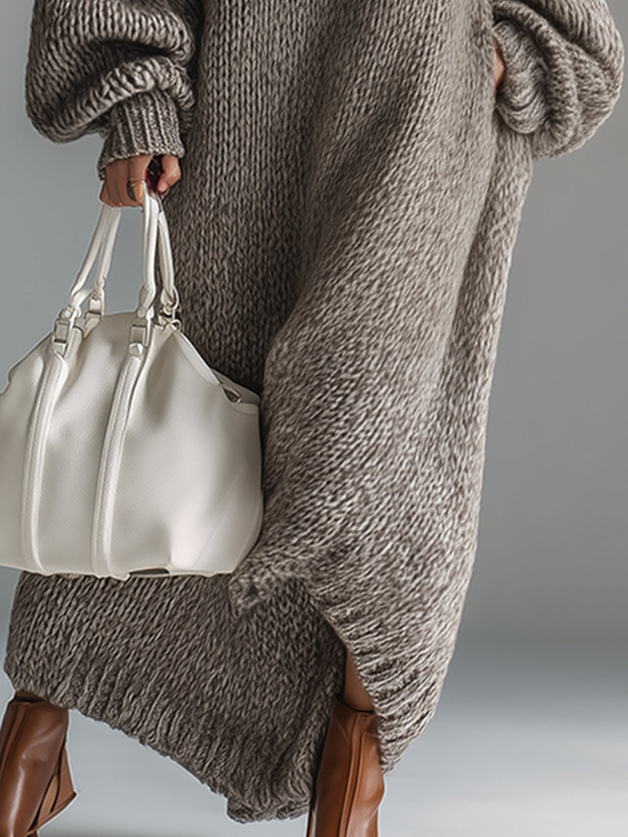 Elegant Urban Silhouette Round Neck Heathered Khaki Knitted Maxi Dress
