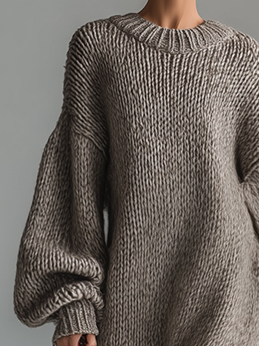 Elegant Urban Silhouette Round Neck Heathered Khaki Knitted Maxi Dress
