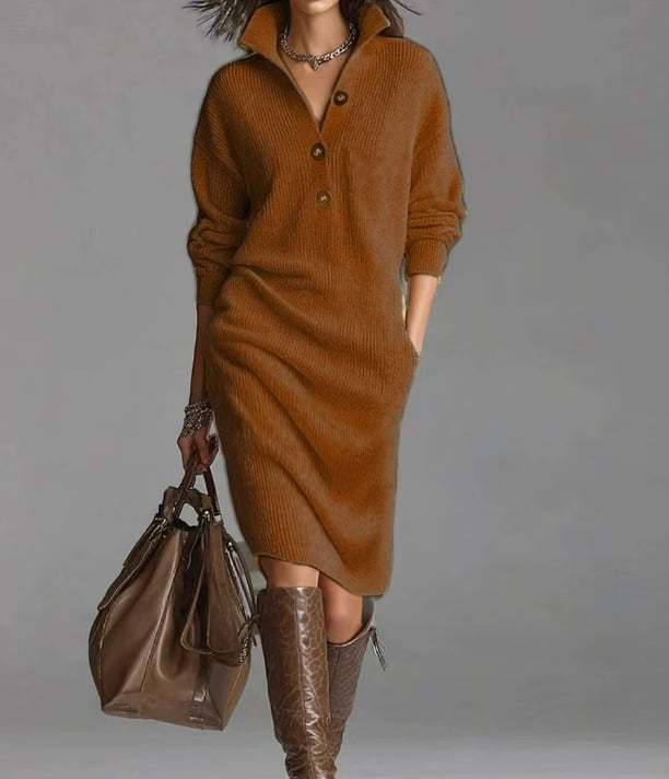 Casual Button Lapel Knit Mid-Length Sweater Dress