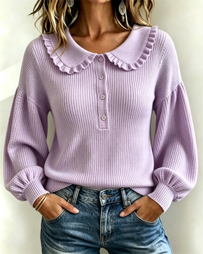 Women's Ruffled Collar Ribbed Knit Sweater