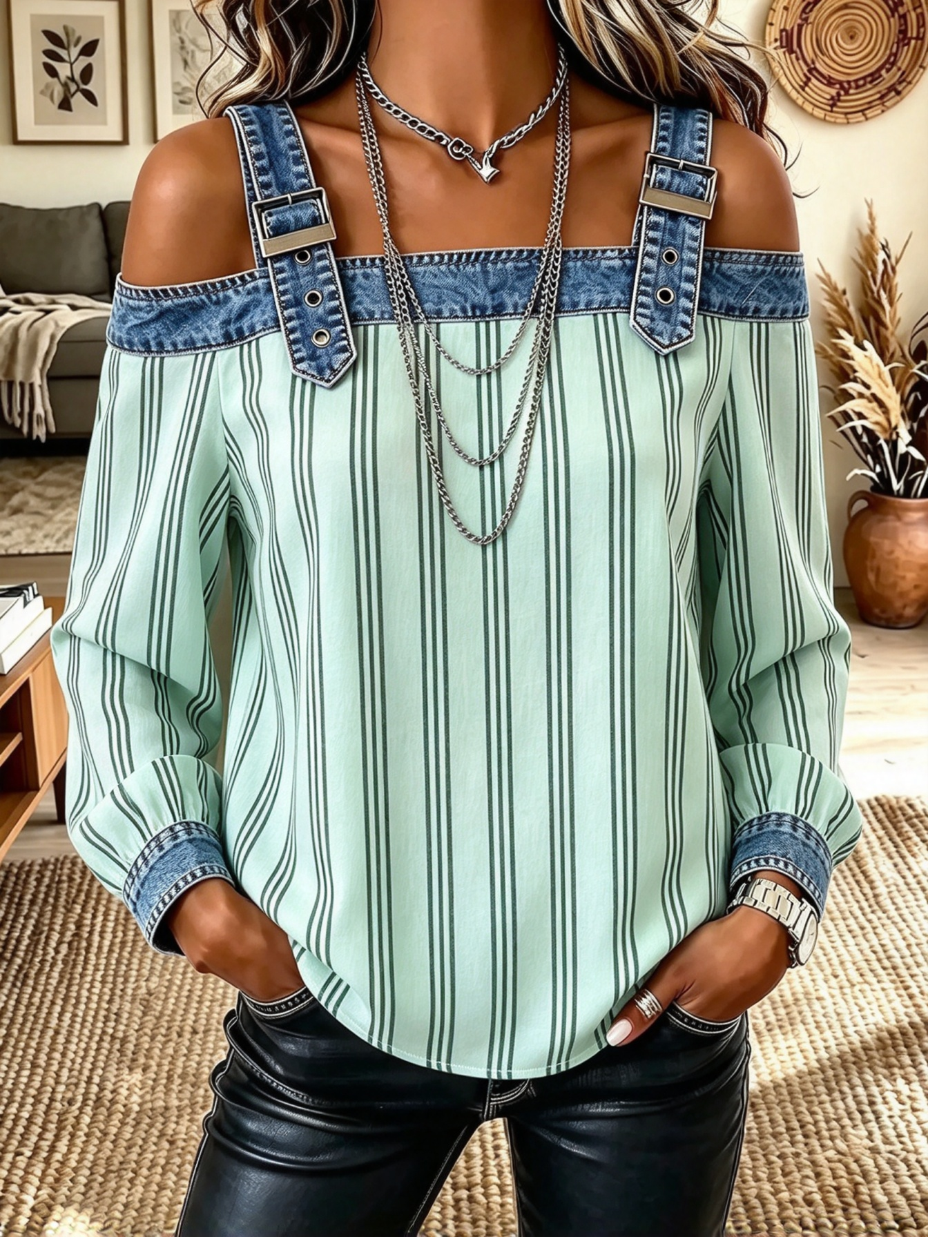 Women's Adjustable Strap Striped Long Sleeve Loose Casual Shirt