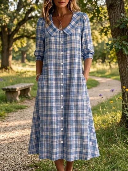 New Arrivals🔥 Women's Retro Peter Pan Collar Striped Cotton Linen Dress