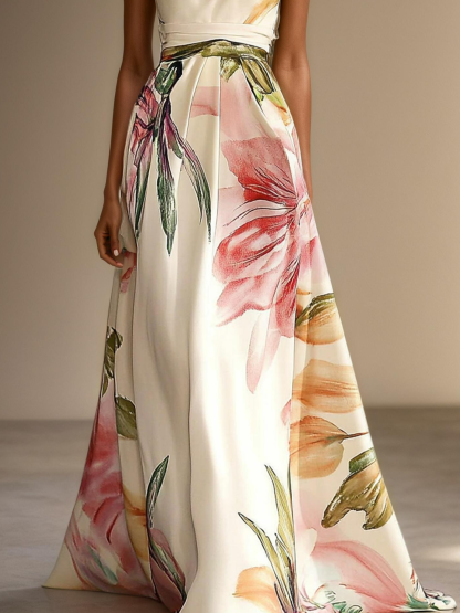 Pink Floral Satin One Shoulder Sleeveless A-Line Floor-length Gown With Pockets