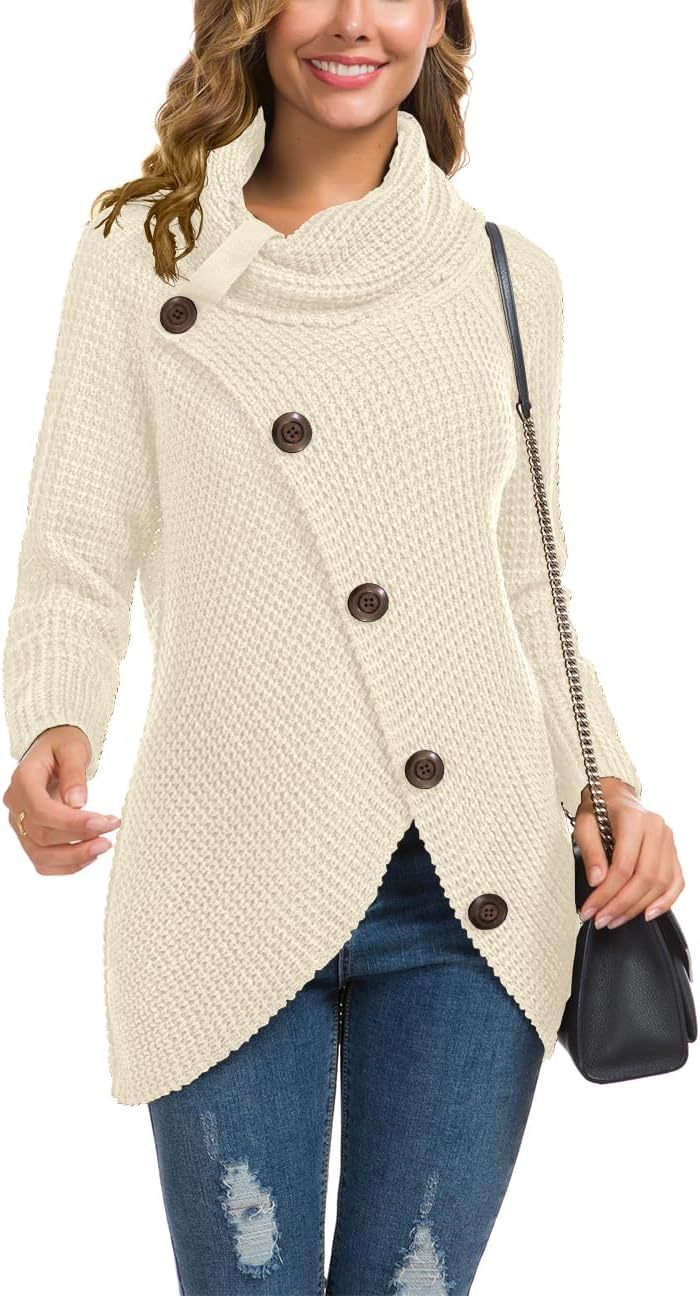 Women's Chunky Turtleneck Long Sleeve Asymmetric Hem Loose Knit Pullover Sweaters