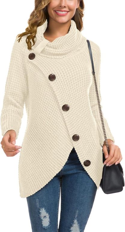 Women's Chunky Turtleneck Long Sleeve Asymmetric Hem Loose Knit Pullover Sweaters