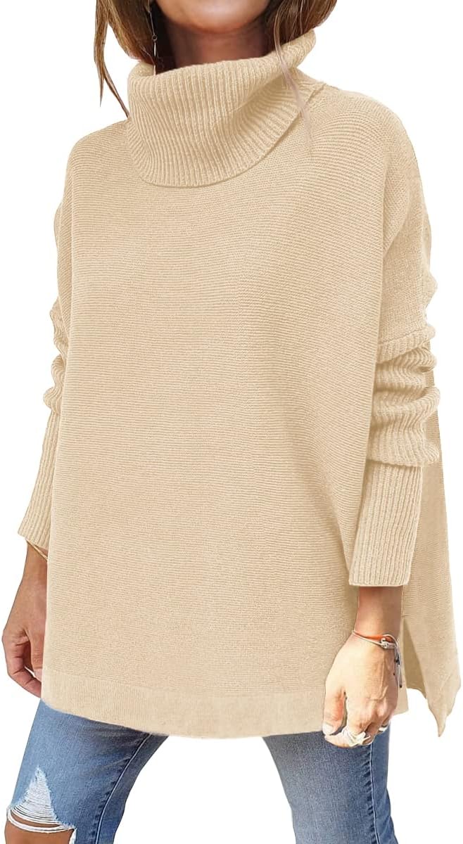 Women's Turtleneck Oversized Sweaters Long Batwing Sleeve Spilt Hem Tunic Pullover Knit Tops
