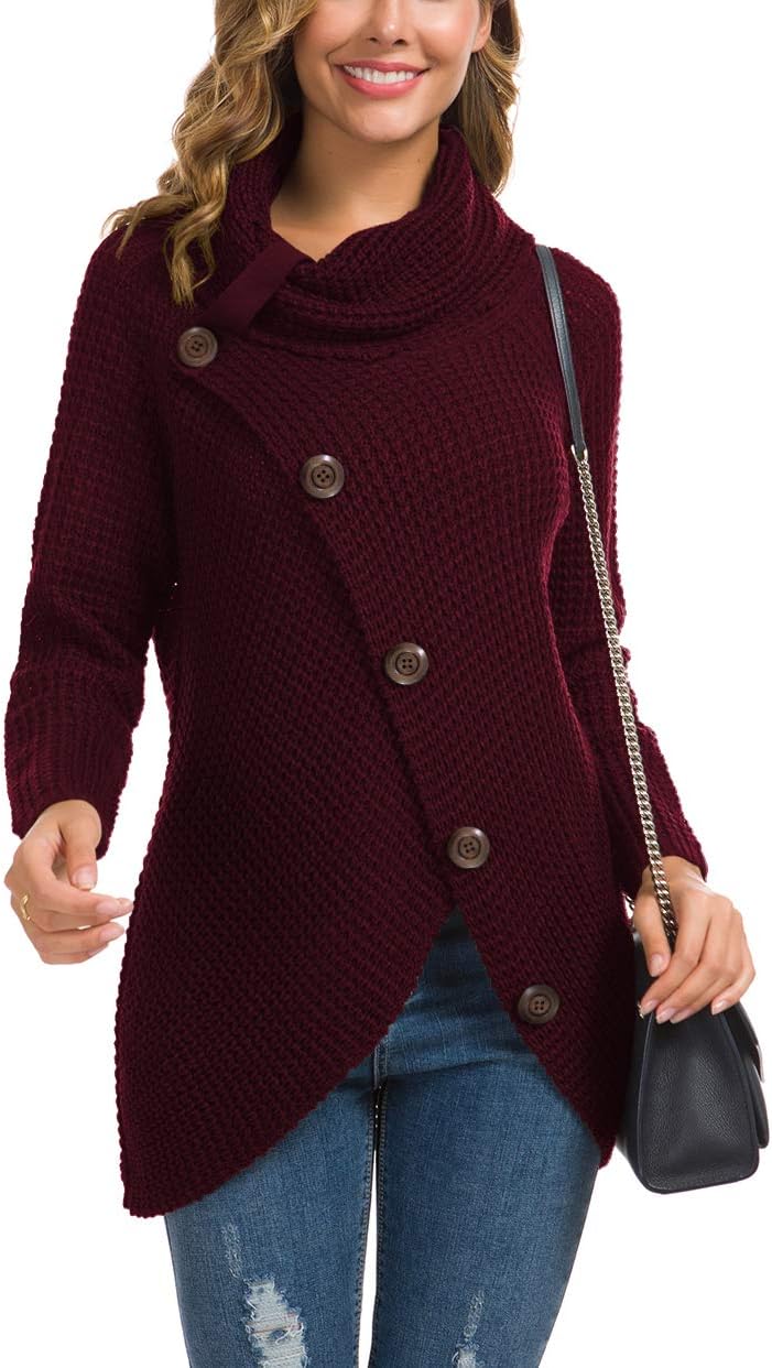 Women's Chunky Turtleneck Long Sleeve Asymmetric Hem Loose Knit Pullover Sweaters