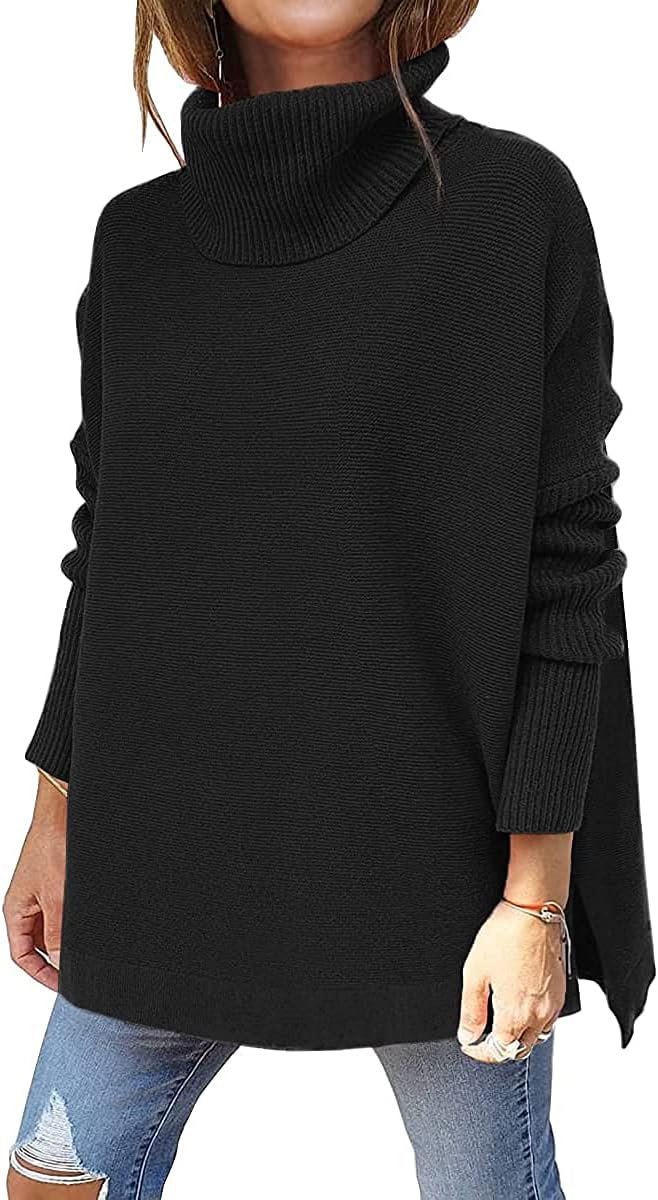 Women's Turtleneck Oversized Sweaters Long Batwing Sleeve Spilt Hem Tunic Pullover Knit Tops