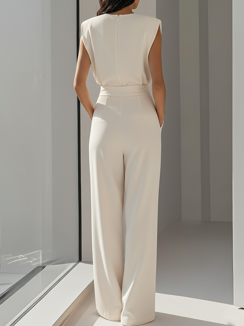 Women Off White Crew Neck Sleeveless Dressy Jumpsuit With Pockets