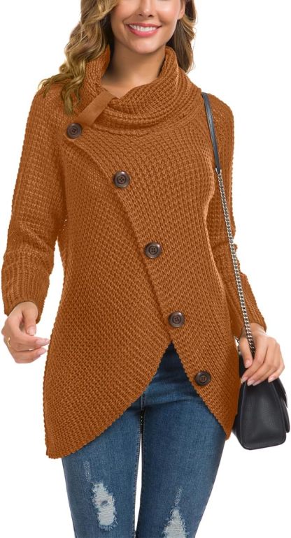 Women's Chunky Turtleneck Long Sleeve Asymmetric Hem Loose Knit Pullover Sweaters