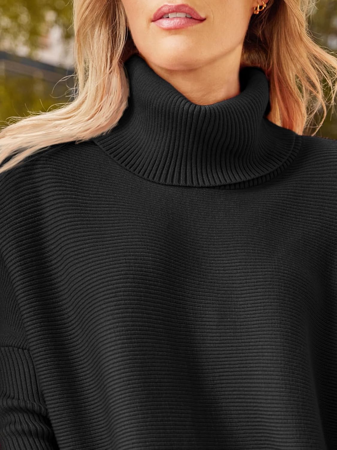 Women's Turtleneck Oversized Sweaters Long Batwing Sleeve Spilt Hem Tunic Pullover Knit Tops