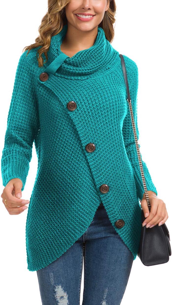 Women's Chunky Turtleneck Long Sleeve Asymmetric Hem Loose Knit Pullover Sweaters
