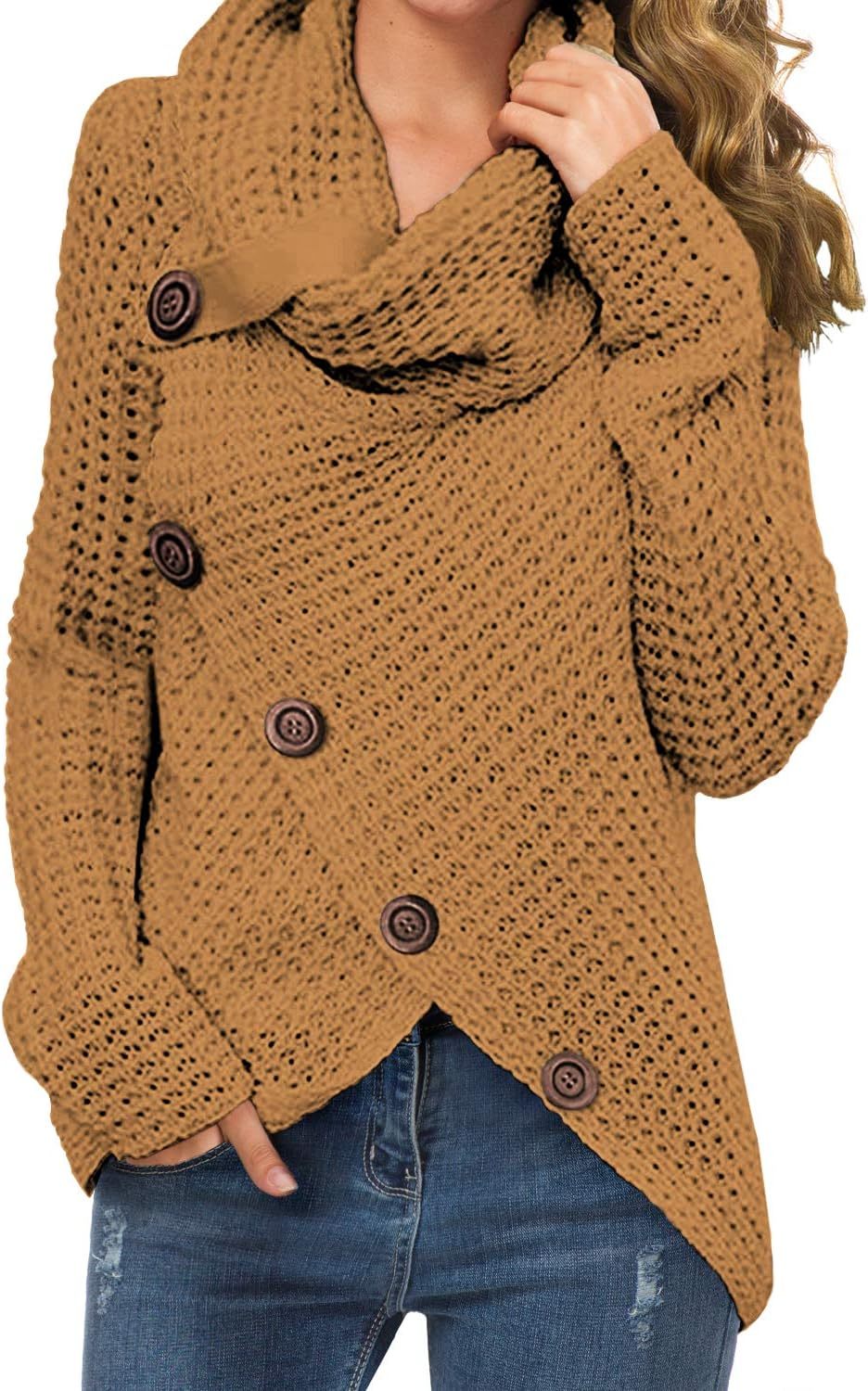 Women's Chunky Turtleneck Long Sleeve Asymmetric Hem Loose Knit Pullover Sweaters