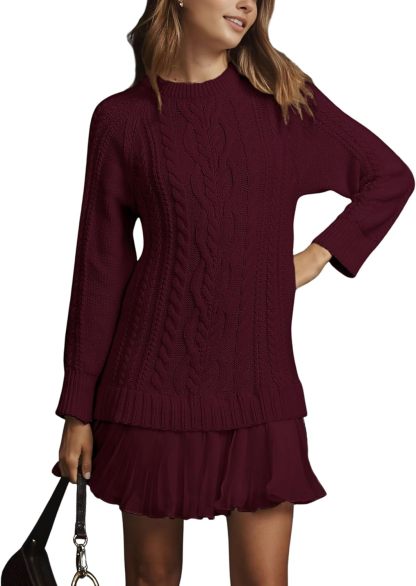 Women Cable Knit Sweater Dress Crewneck Long Sleeve Pleated Mini Dress Twofer Style Patchwork Dress