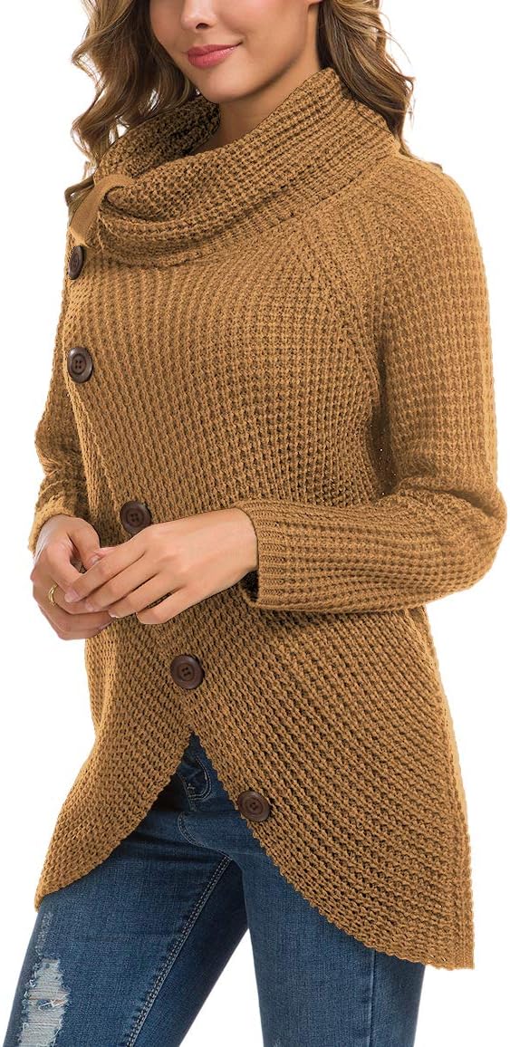 Women's Chunky Turtleneck Long Sleeve Asymmetric Hem Loose Knit Pullover Sweaters