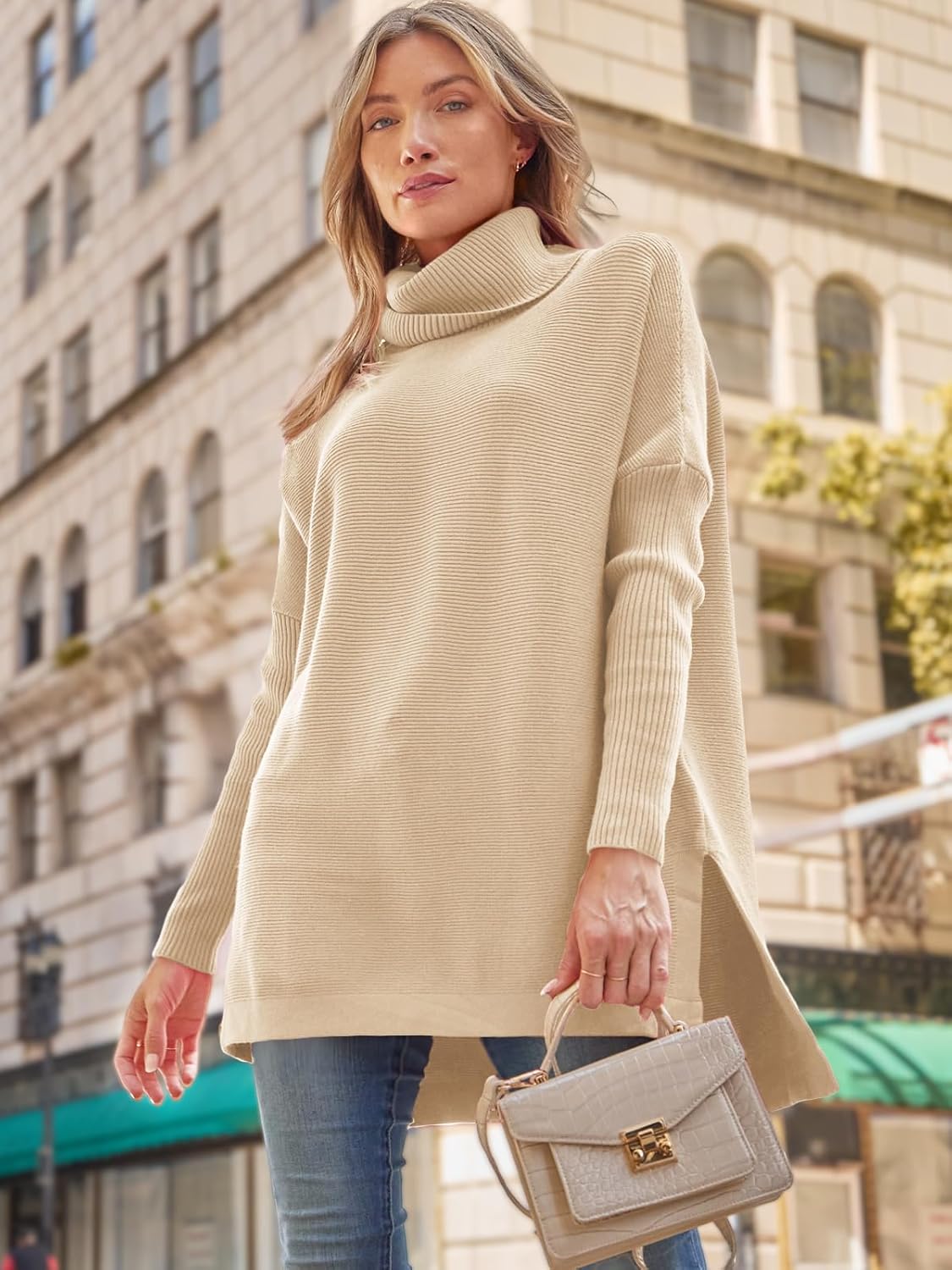 Women's Turtleneck Oversized Sweaters Long Batwing Sleeve Spilt Hem Tunic Pullover Knit Tops