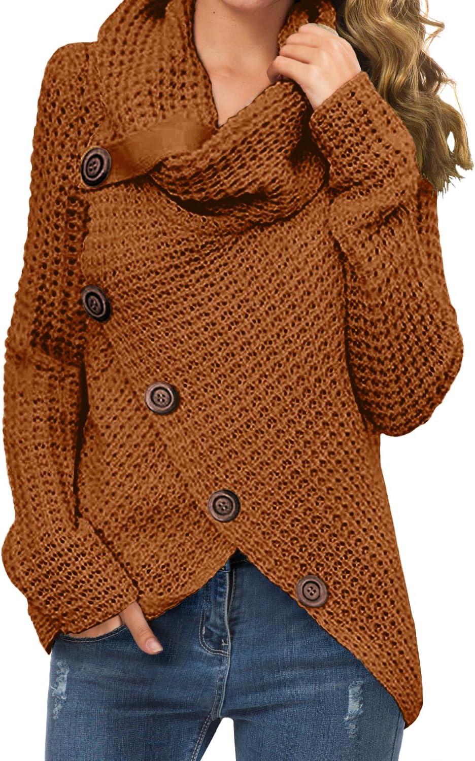 Women's Chunky Turtleneck Long Sleeve Asymmetric Hem Loose Knit Pullover Sweaters
