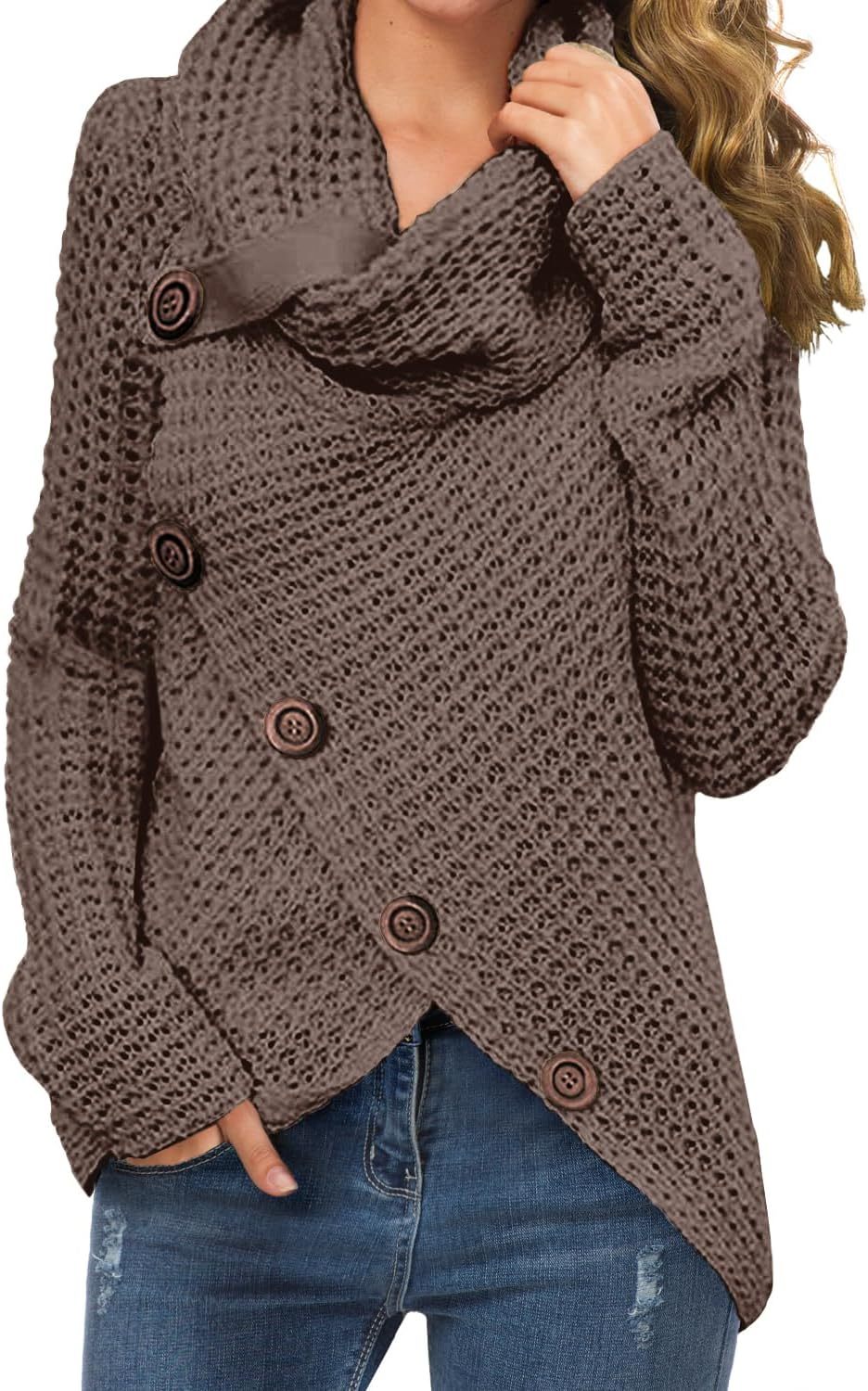 Women's Chunky Turtleneck Long Sleeve Asymmetric Hem Loose Knit Pullover Sweaters