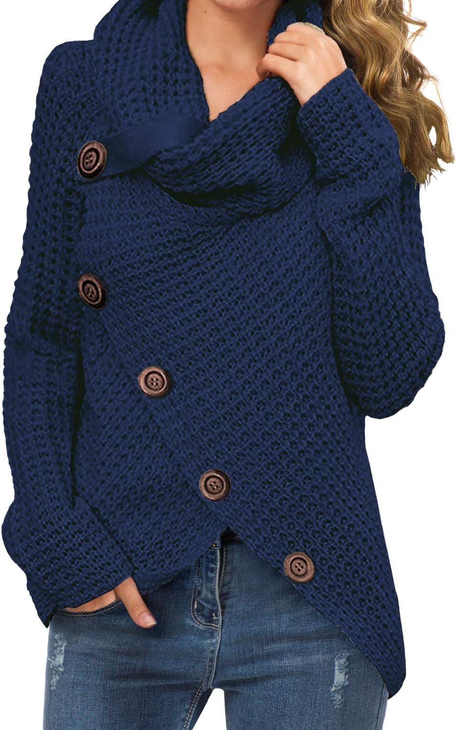 Women's Chunky Turtleneck Long Sleeve Asymmetric Hem Loose Knit Pullover Sweaters