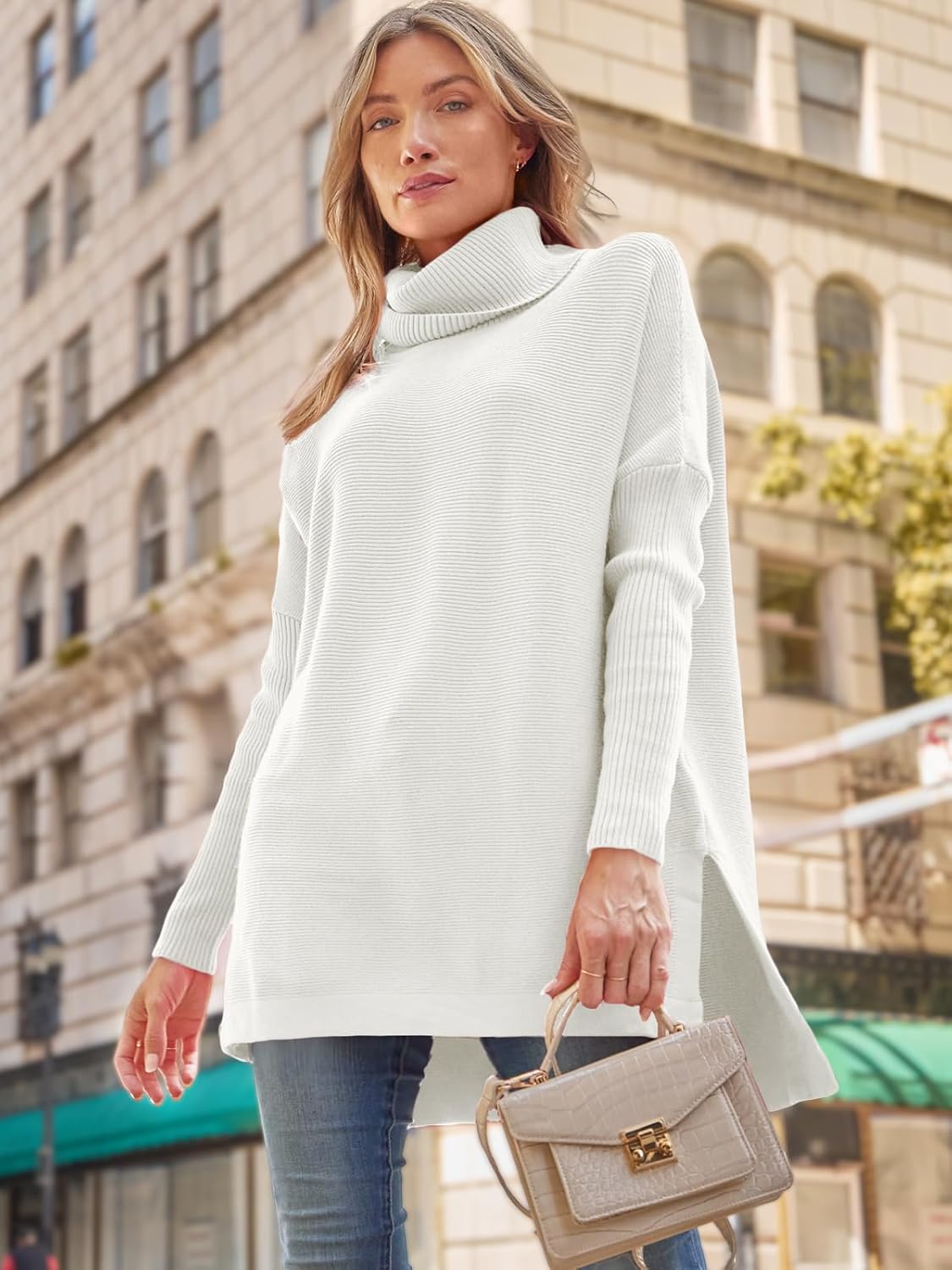 Women's Turtleneck Oversized Sweaters Long Batwing Sleeve Spilt Hem Tunic Pullover Knit Tops