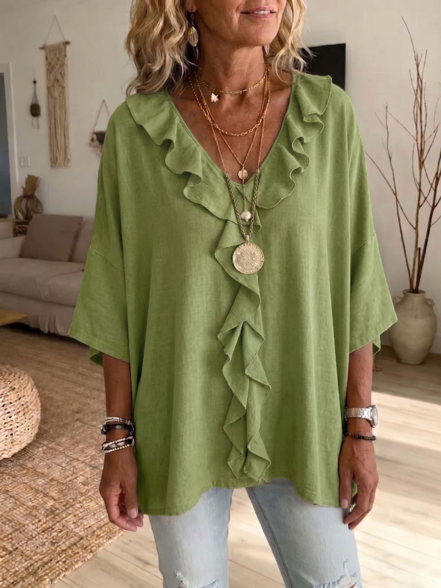 Women's Solid-color Ruffled V-neck 3/4-sleeve Casual Loose Cotton-linen Top