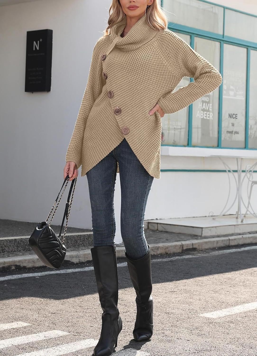 Women's Chunky Turtleneck Long Sleeve Asymmetric Hem Loose Knit Pullover Sweaters