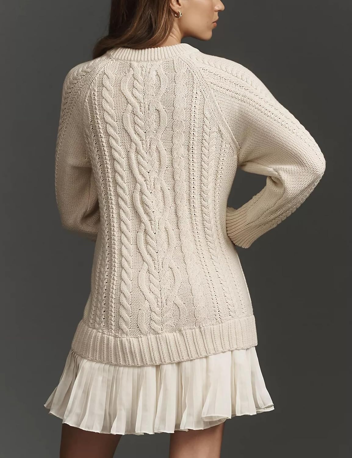 Women Cable Knit Sweater Dress Crewneck Long Sleeve Pleated Mini Dress Twofer Style Patchwork Dress