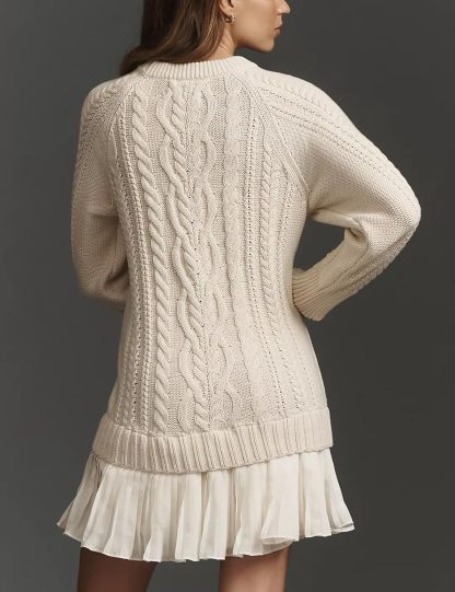 Women Cable Knit Sweater Dress Crewneck Long Sleeve Pleated Mini Dress Twofer Style Patchwork Dress