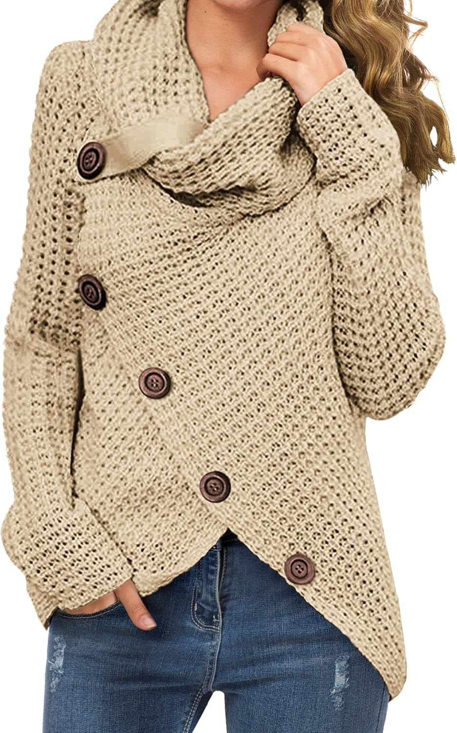 Women's Chunky Turtleneck Long Sleeve Asymmetric Hem Loose Knit Pullover Sweaters