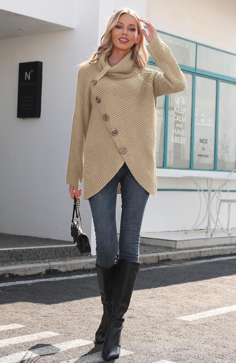 Women's Chunky Turtleneck Long Sleeve Asymmetric Hem Loose Knit Pullover Sweaters