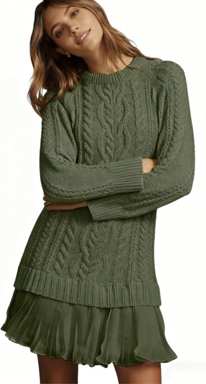 Women Cable Knit Sweater Dress Crewneck Long Sleeve Pleated Mini Dress Twofer Style Patchwork Dress
