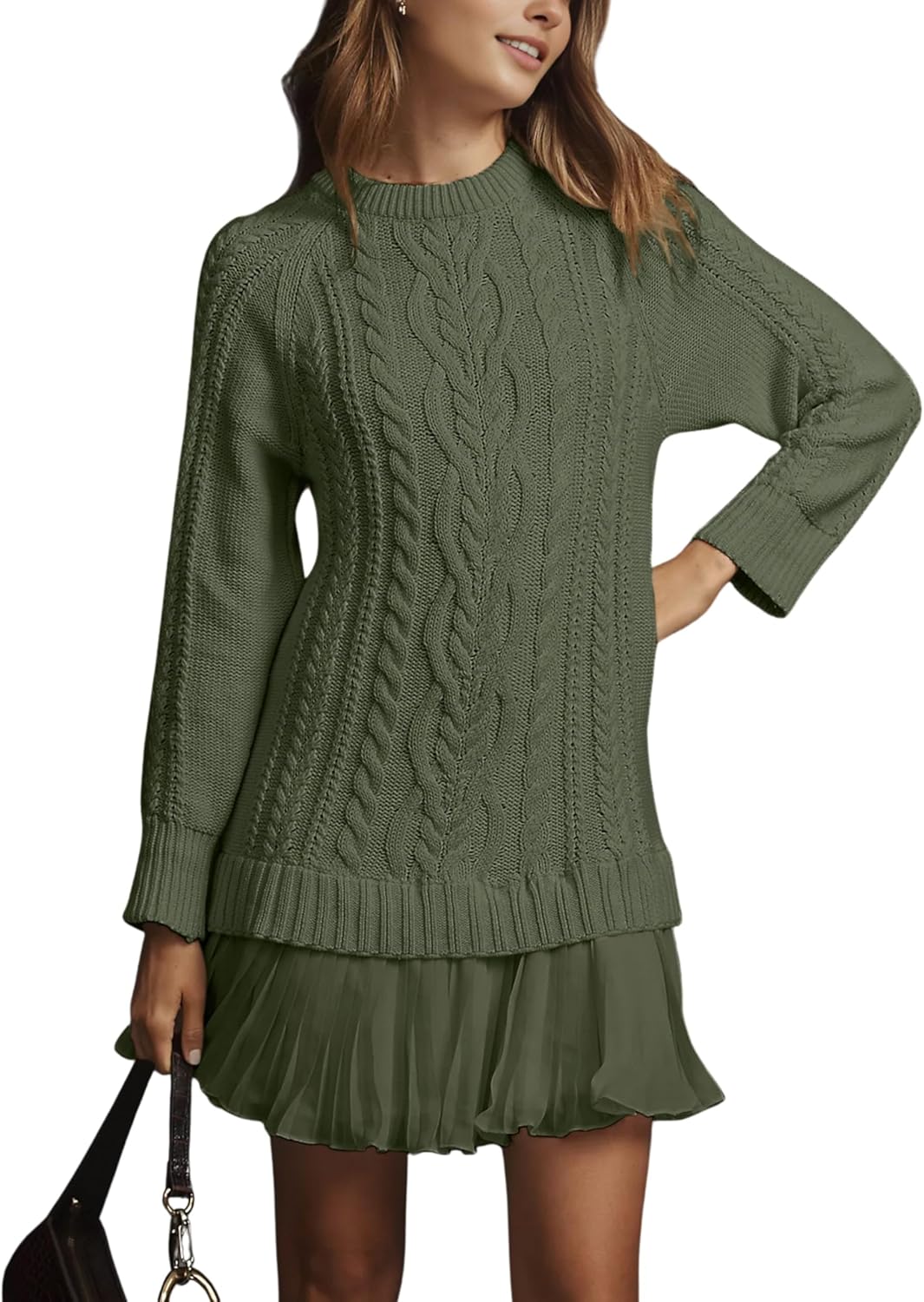Women Cable Knit Sweater Dress Crewneck Long Sleeve Pleated Mini Dress Twofer Style Patchwork Dress