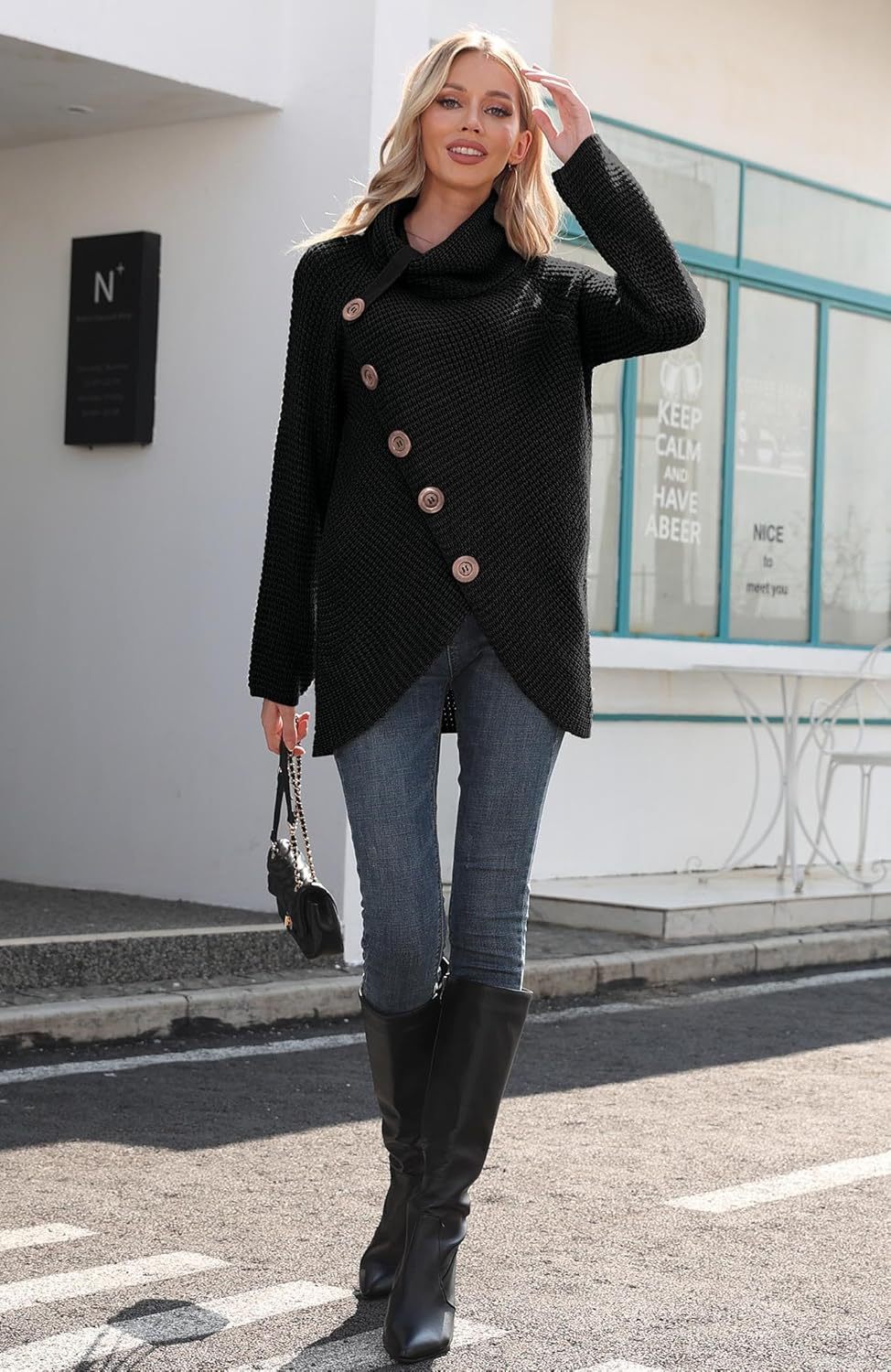 Women's Chunky Turtleneck Long Sleeve Asymmetric Hem Loose Knit Pullover Sweaters