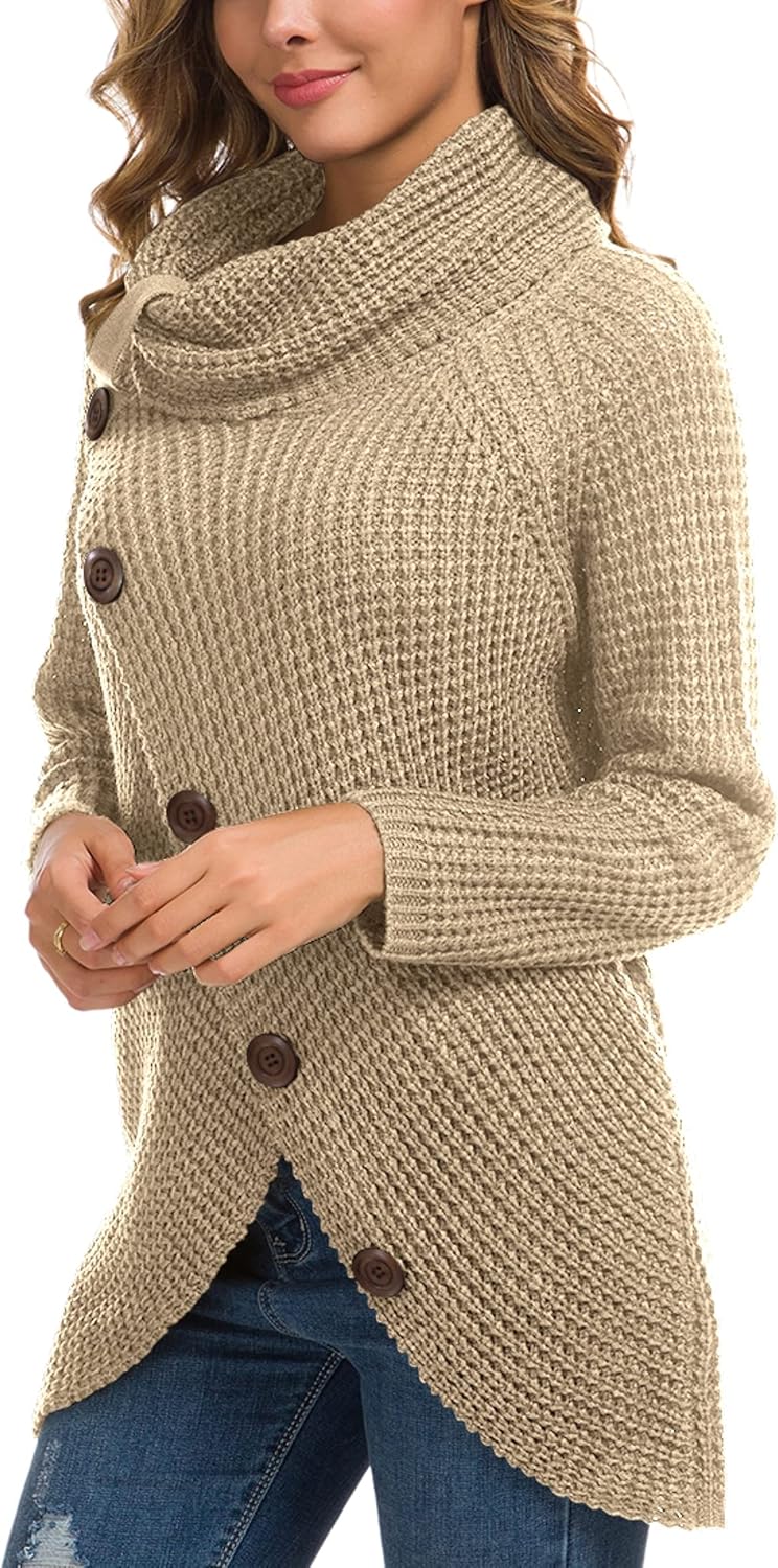 Women's Chunky Turtleneck Long Sleeve Asymmetric Hem Loose Knit Pullover Sweaters