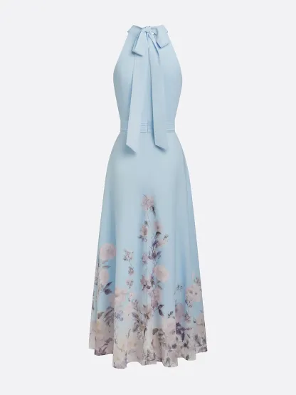 Light Blue Floral Chiffon Halter Sleeveless A-Line Maxi Dress