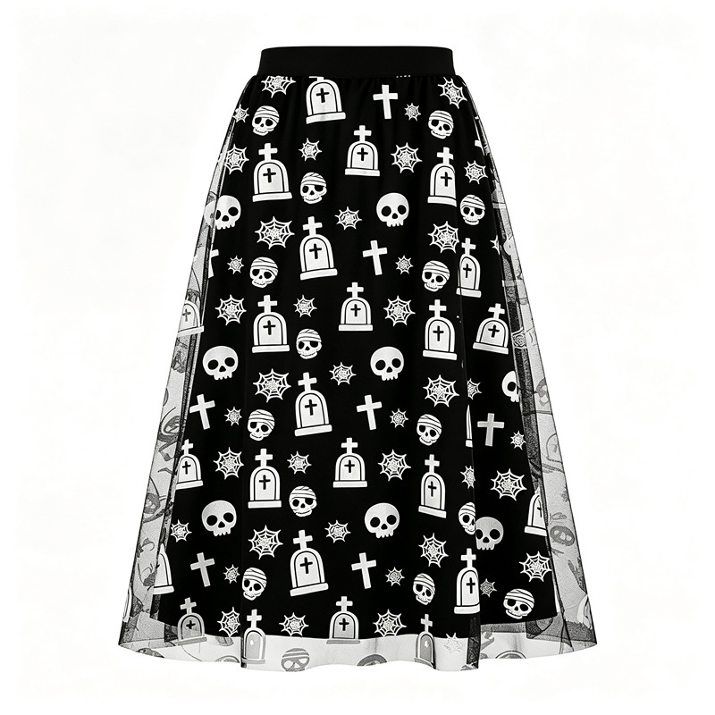 Polyester Women's High-waisted Casual Loose Halloween-themed Flocked Print Mesh A-line Skirt