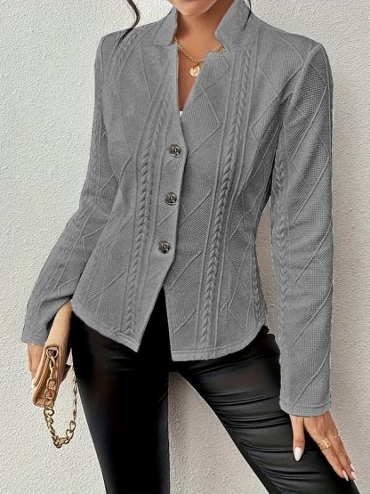 Women Geometric Spring/Fall Outerwear Vintage Embossed Long Sleeve Mock Neck Regular Blazer