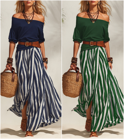 Effortless Striped Maxi Skirt Set with Belt – Relaxed Elegant Off-shoulder Two-Piece Outfit
