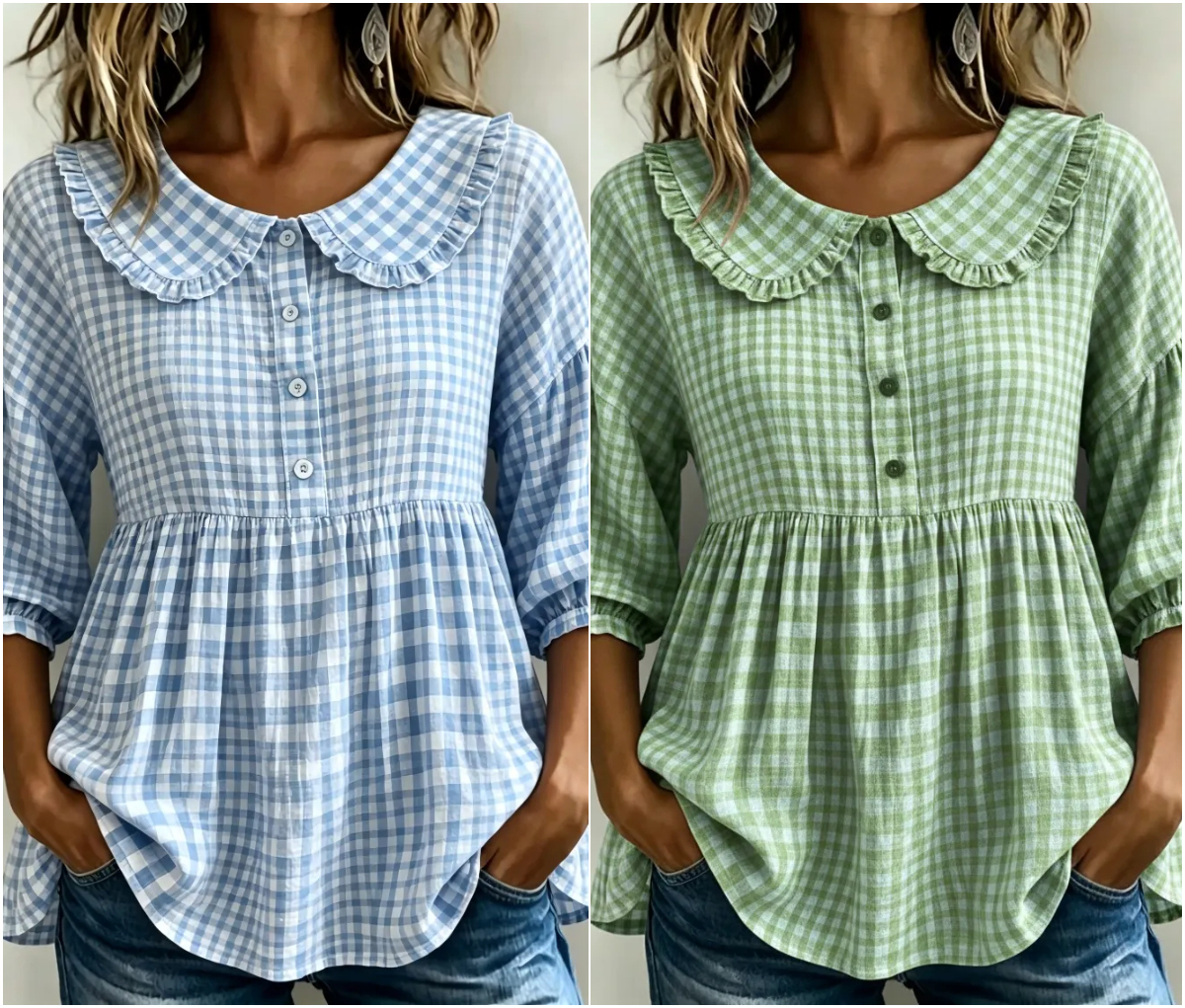 New Arrivals🔥Women's Gingham Puff Sleeve Peplum Blouse