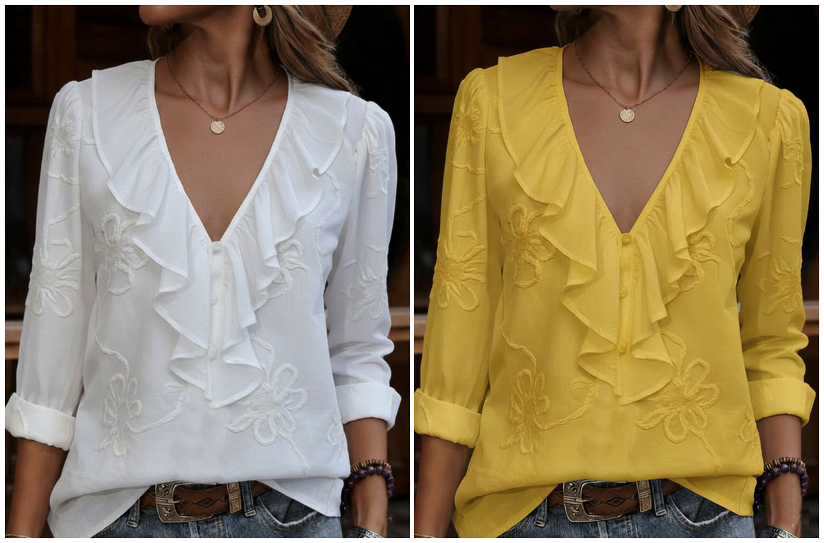 Vintage ruffled V-neck shirt with embroidered flowers
