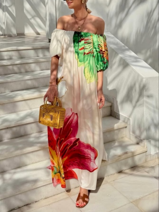 Floral Off-Shoulder Maxi Dress with Side Slit – Summer Resort Wear