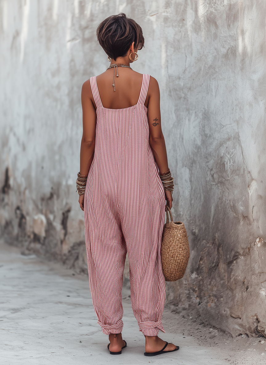Women's Minimalist Striped Loose-Fit Square-Neck Sleeveless Jumpsuit