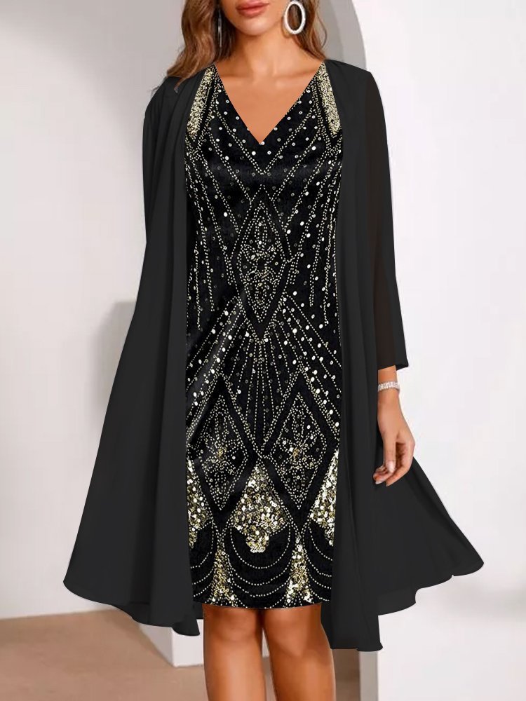 🔥Limited-Time Offer-Women's Long-Sleeve Printed Dress & Cardigan 2 Piece Set