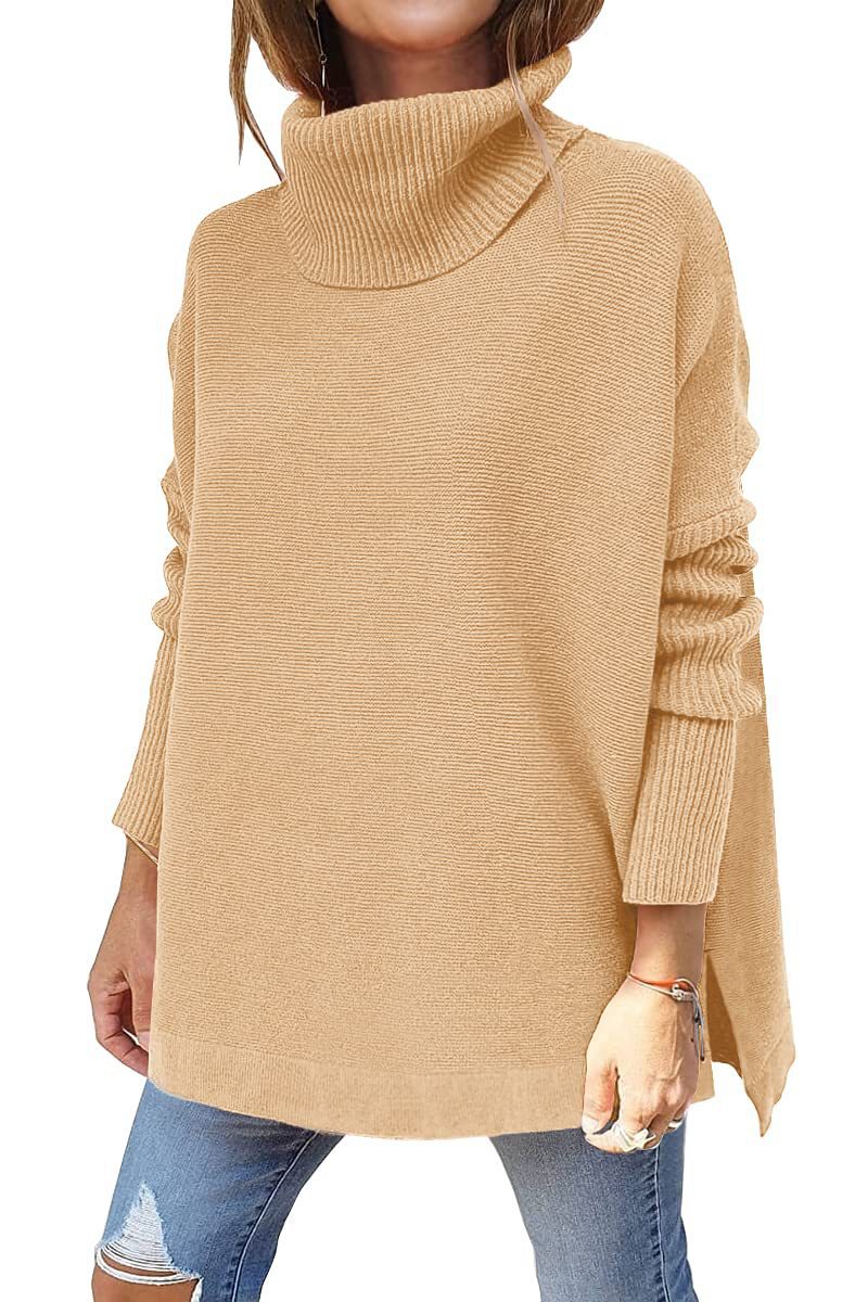 Women's Turtleneck Oversized Sweaters Long Batwing Sleeve Spilt Hem Tunic Pullover Knit Tops