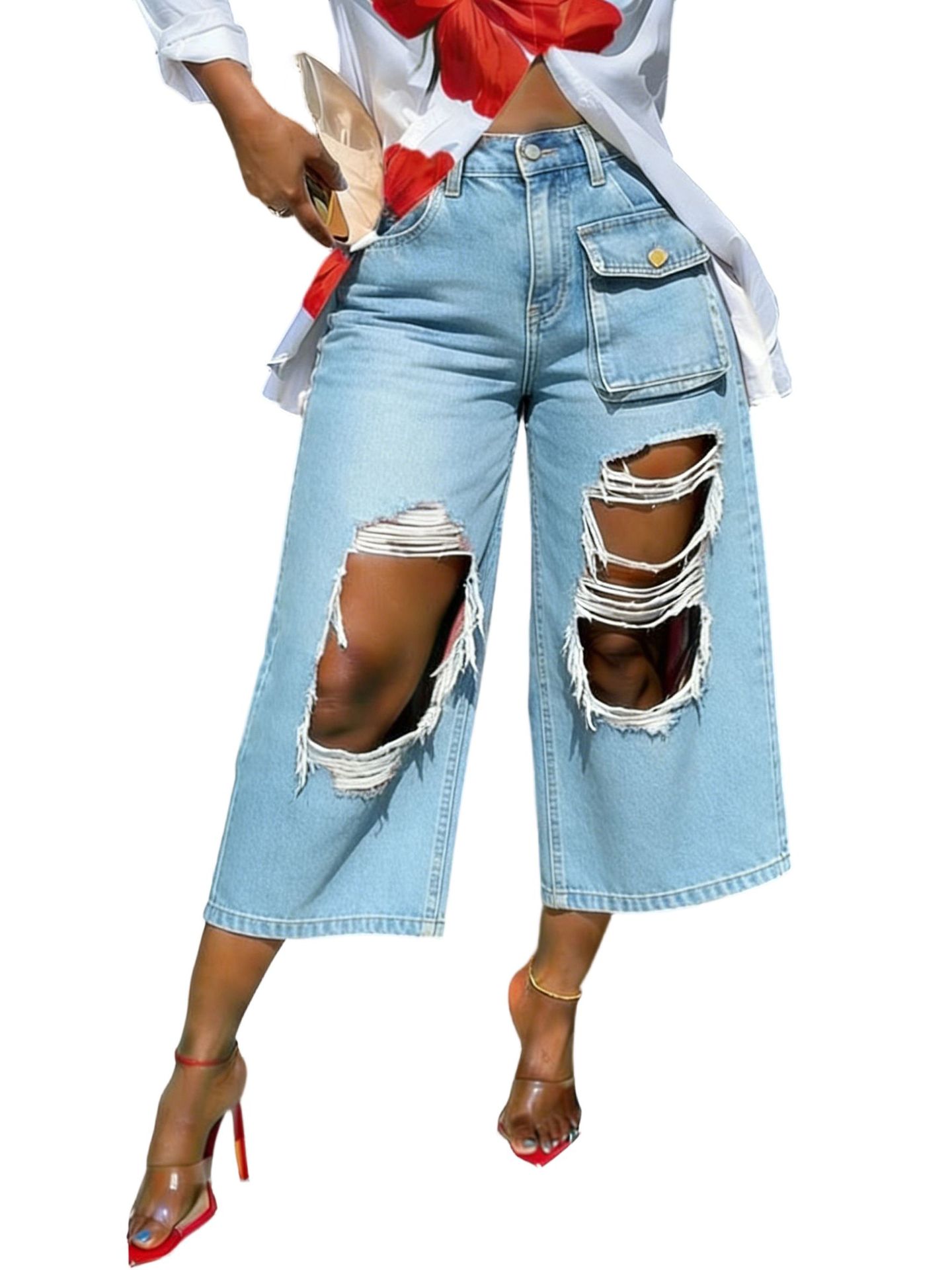 50% OFF Casual Floral  Print Shirt and Distressed Denim Pants Set