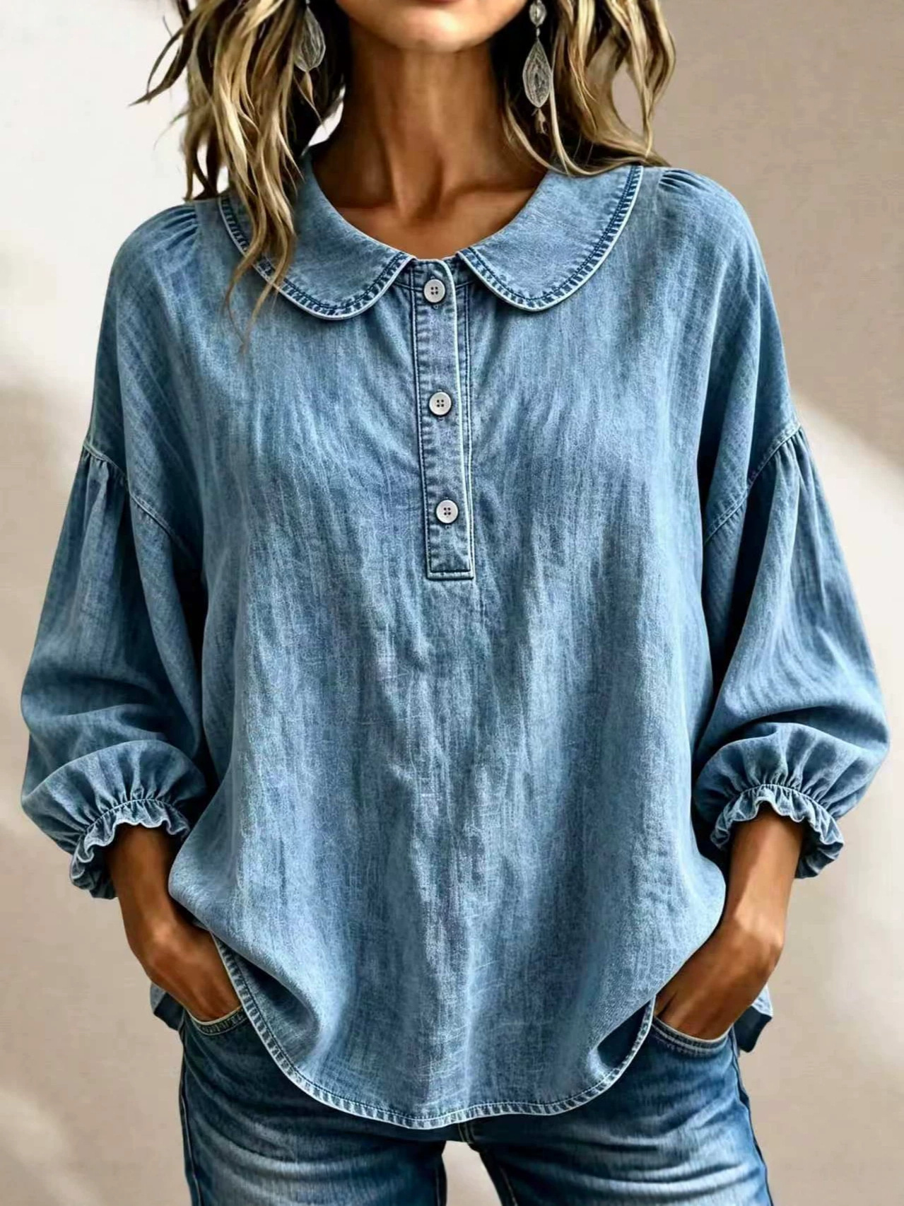 Today 49% off🔥Women’s Denim Square-Neck Three-Quarter Sleeve Top