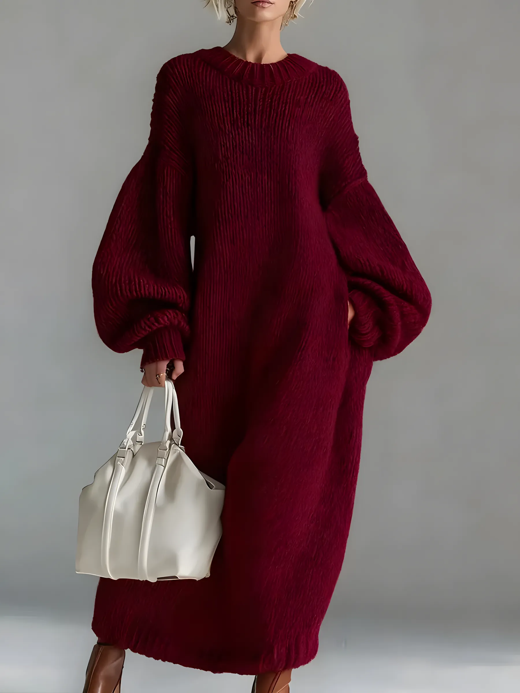 Elegant Urban Silhouette Round Neck Heathered Khaki Knitted Maxi Dress