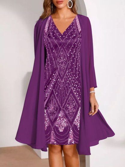 🔥Limited-Time Offer-Women's Long-Sleeve Printed Dress & Cardigan 2 Piece Set