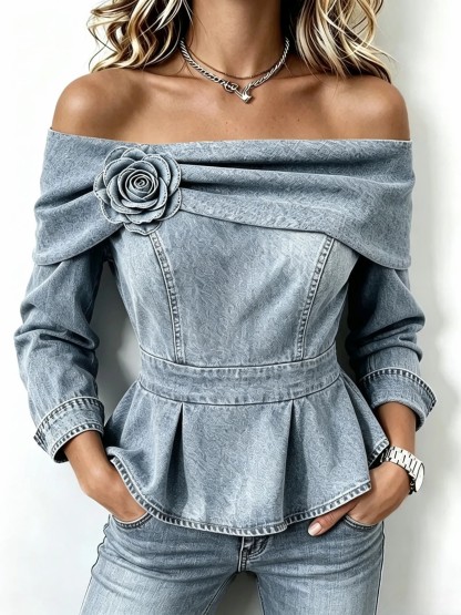 Chic Off-shoulder Denim Peplum Top