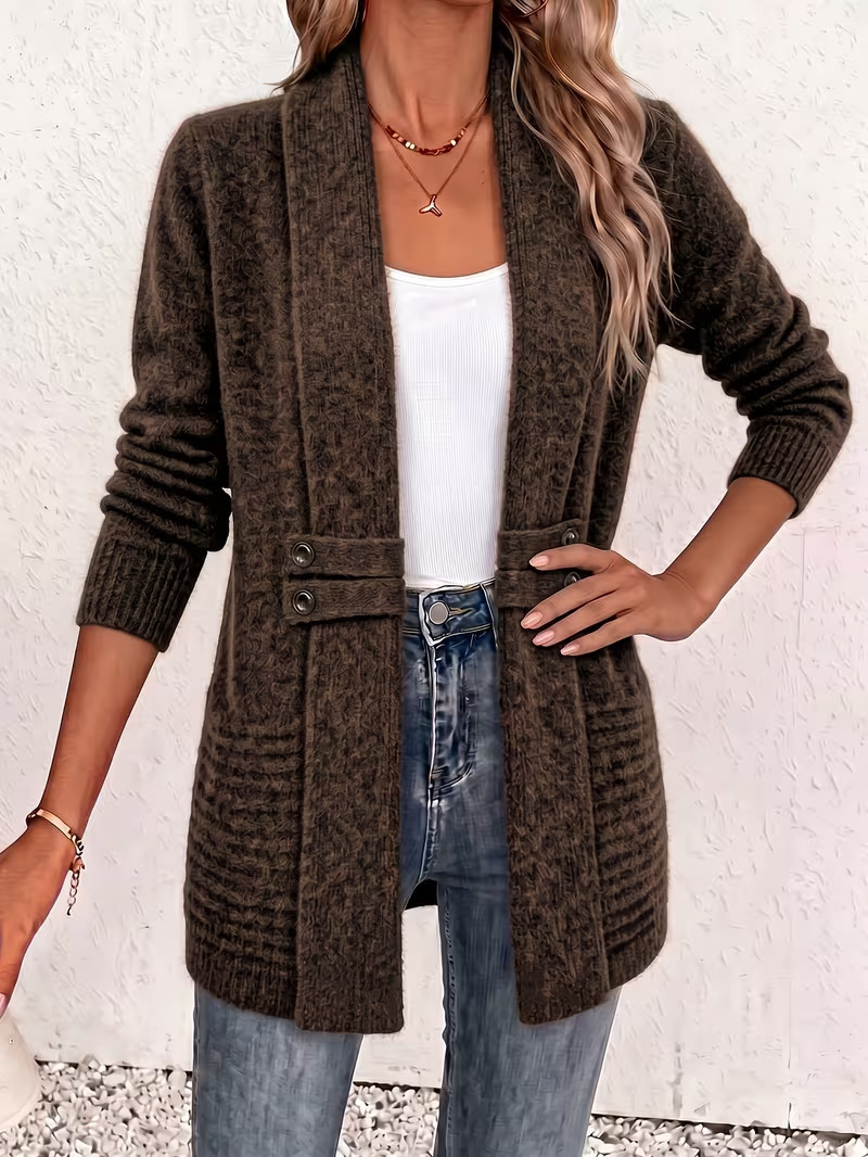 Women's Casual Chic Shawl Collar Side Button Detail Long Sleeve Knit Cardigan